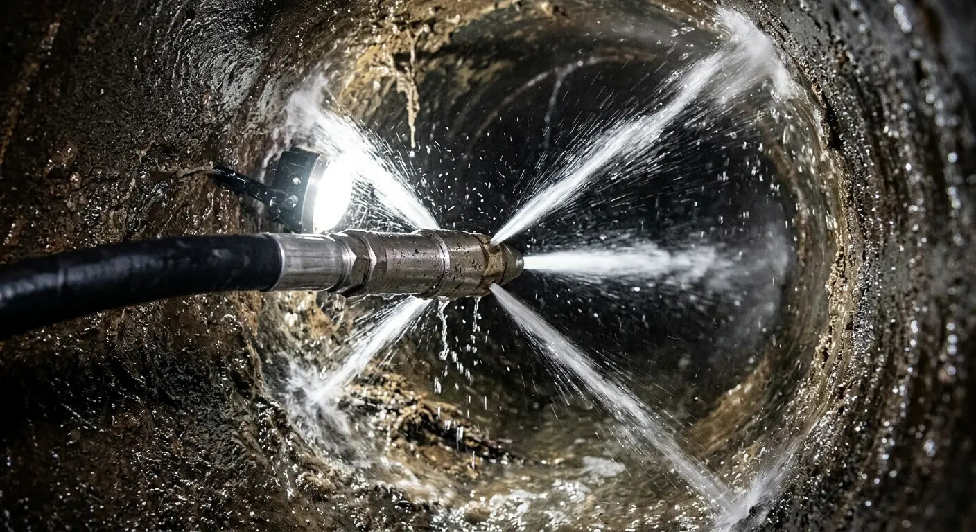 High-pressure hydro jetting nozzle cleaning sewer pipe for Sewer Line Relining in Independence