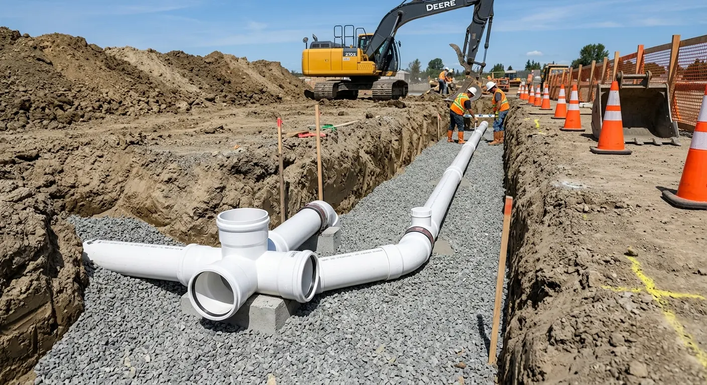 New PVC sewer pipe installation in open trench for Sewer Backup in Independence